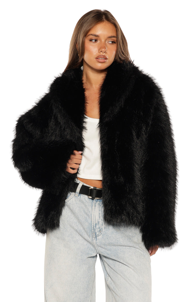It Girl Siyah Sahte Kürk Ceket