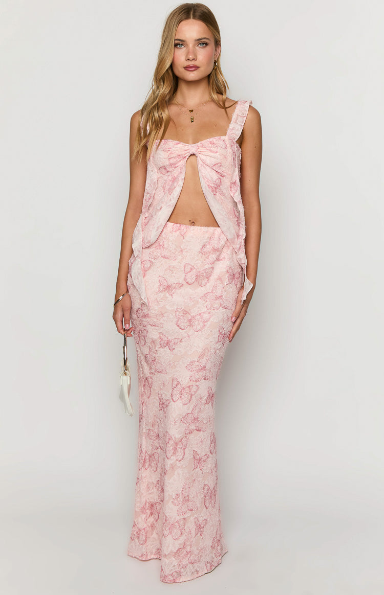 Jacqulin Pembe Kelebek Desenli Maxi Etek