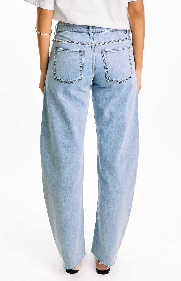 Jannina Açık Yıkama Denim Taşlı Düşük Bel Jean