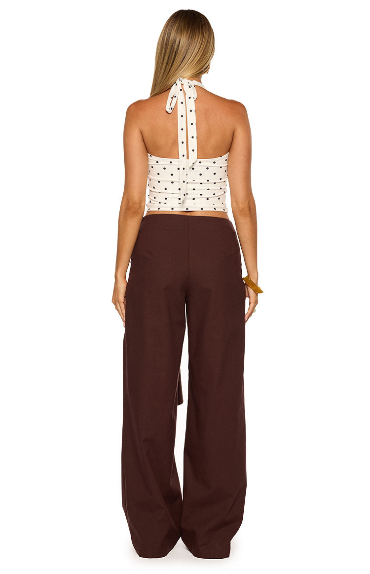 Kady Kahverengi Keten Bağcıklı Geniş Paça Pantolon