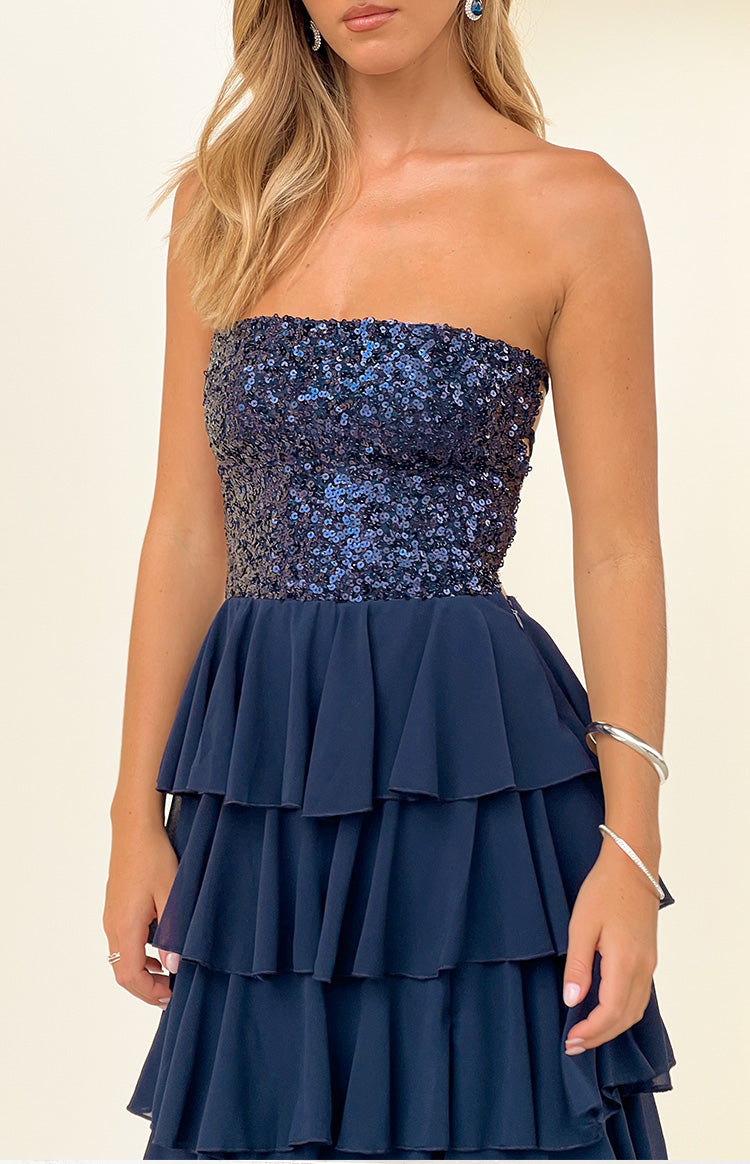 Kimberley Lacivert Pullu Straplez Maxi Elbise