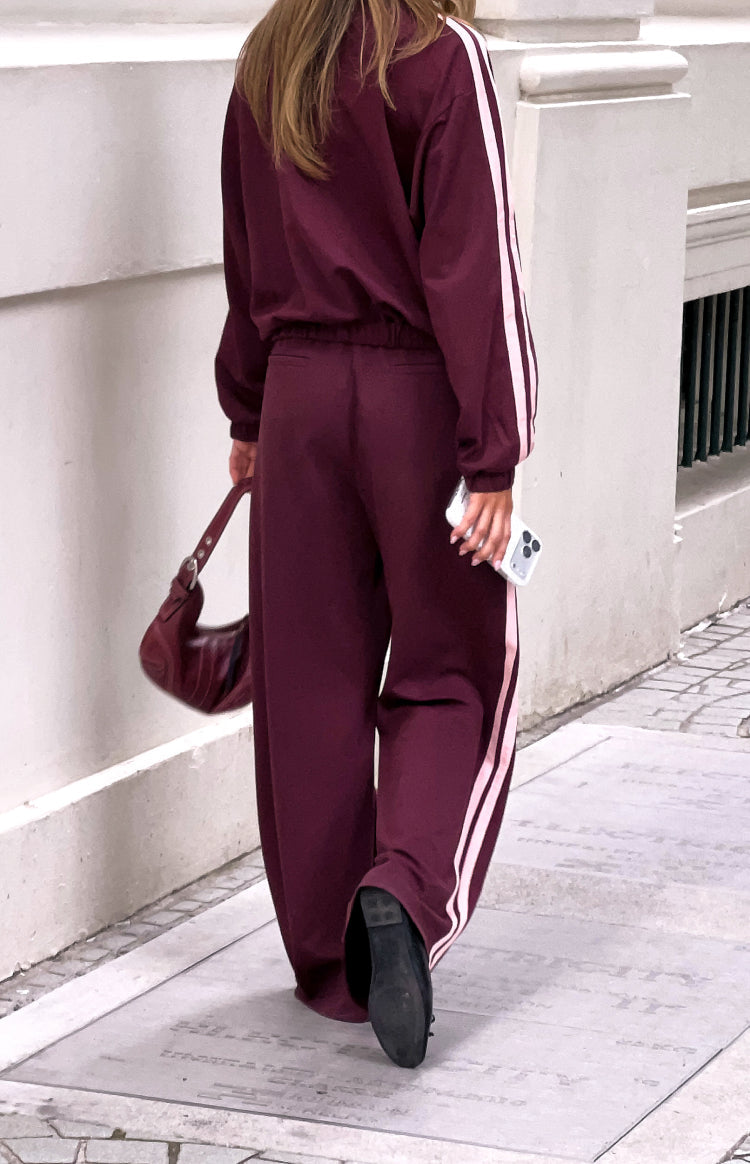 Bordo-Pembe Çizgili Premium Eşofman Altı
