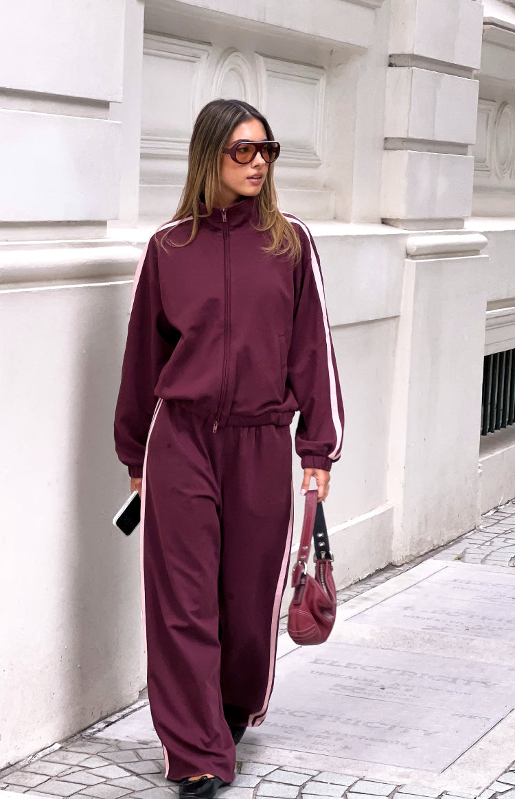 Bordo-Pembe Çizgili Premium Eşofman Altı