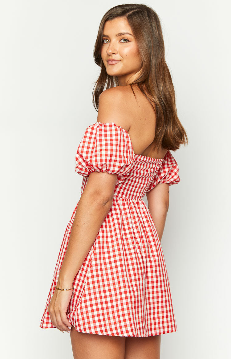 Kırmızı Gingham Omuz Açık Mini Elbise