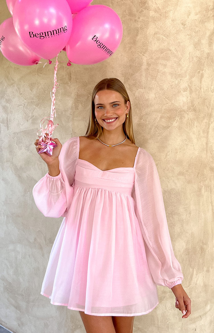 Pembe Uzun Kol Mini Elbise