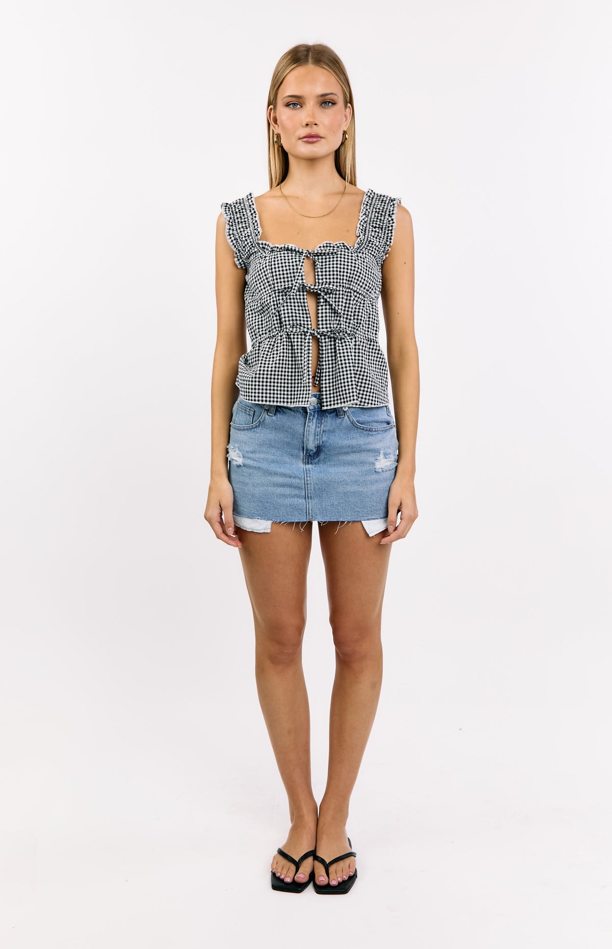 Neevie Siyah Gingham Bağcıklı Bluz