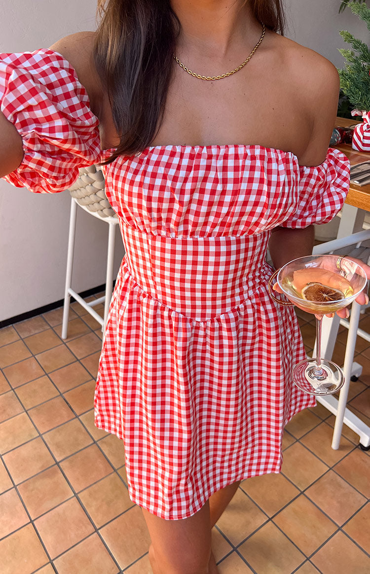 Kırmızı Gingham Omuz Açık Mini Elbise