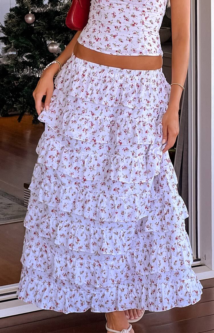 Paisley Desenli Beyaz Çiçekli Maxi Etek