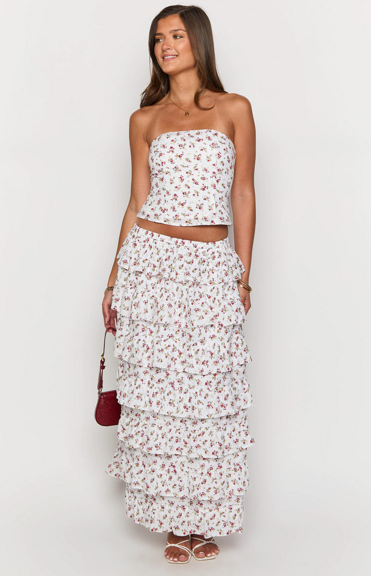 Paisley Desenli Beyaz Çiçekli Maxi Etek