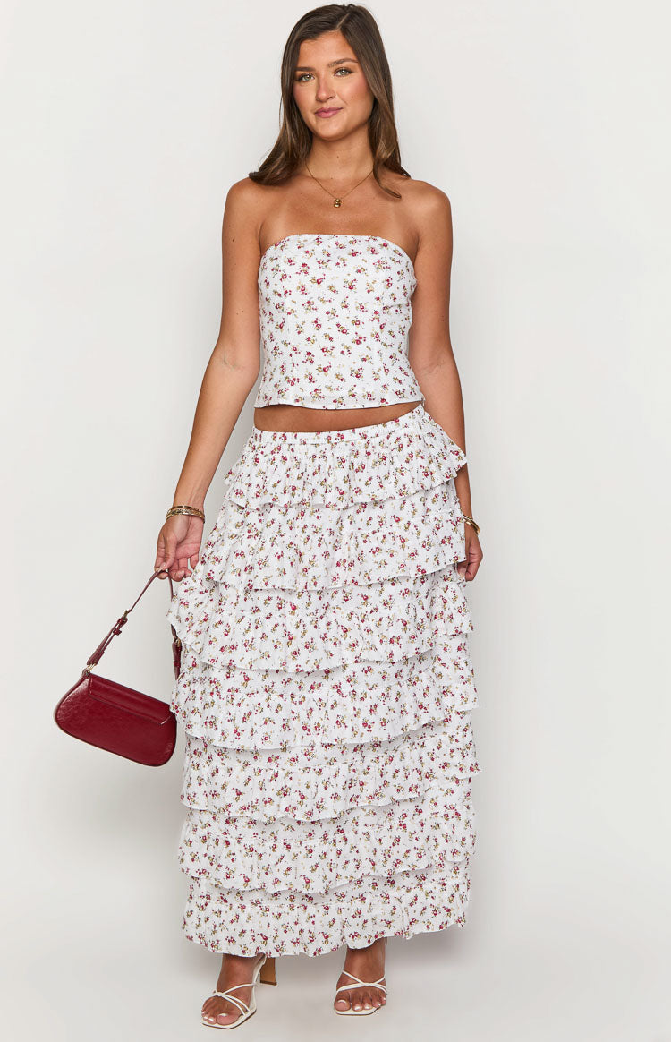 Paisley Desenli Beyaz Çiçekli Maxi Etek