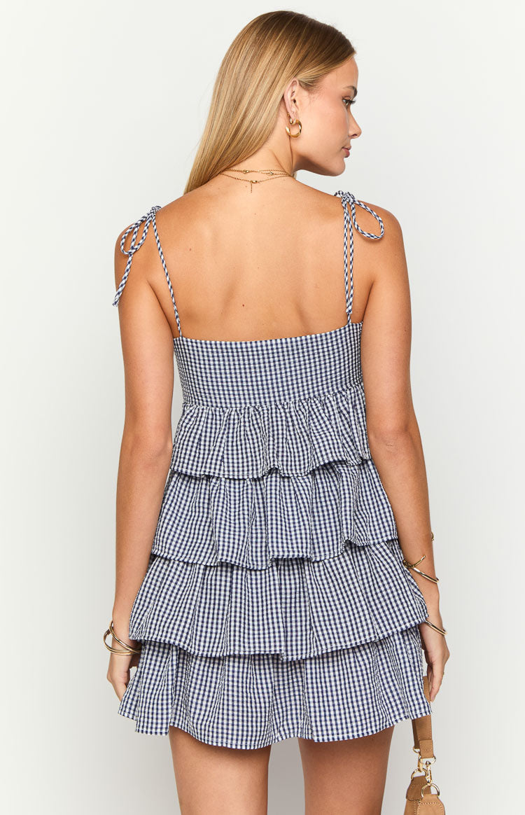 Paolo Lacivert Gingham Volanlı Mini Elbise