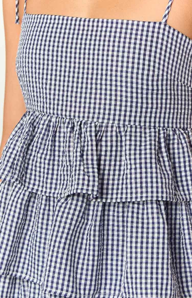 Paolo Lacivert Gingham Volanlı Mini Elbise