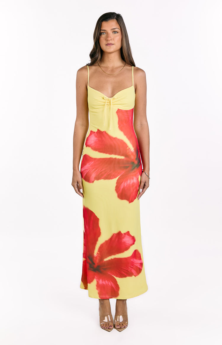 Rosalyn Sarı Hibiskus Desenli Maxi Elbise