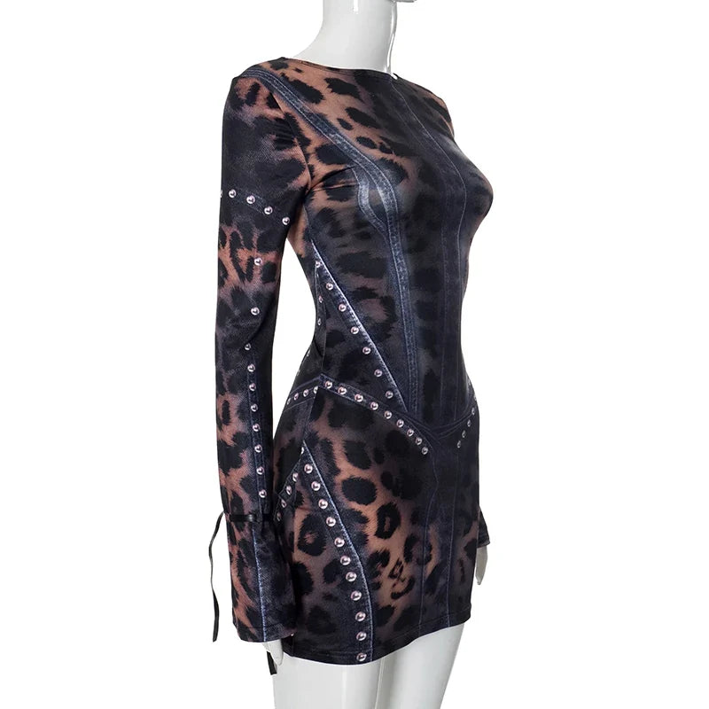 Leopard Print Slim Flared Elbise