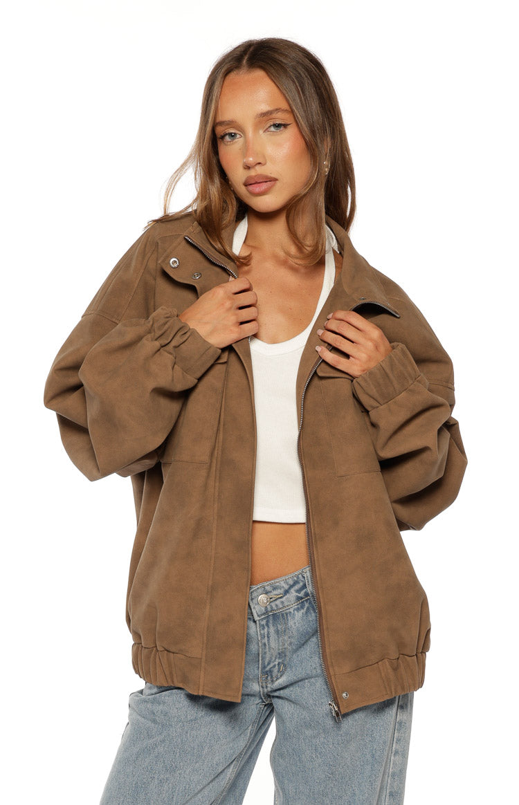 Sapna Kahverengi Oversized Funnel Neck Süet Ceket