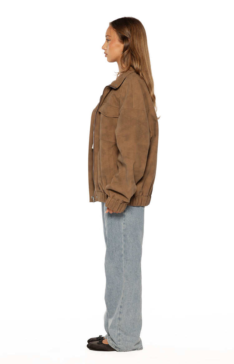Sapna Kahverengi Oversized Funnel Neck Süet Ceket