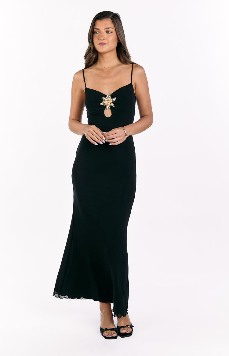 Selina Siyah Hibiskus Detaylı Maxi Elbise