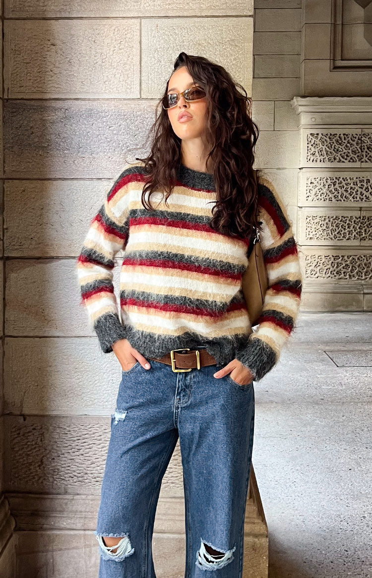 Sicily Renkli Çizgili Oversize Kazak