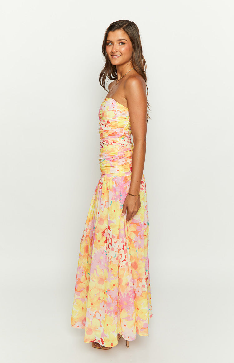 Sinclair Sarı Çiçekli Askısız Maxi Elbise