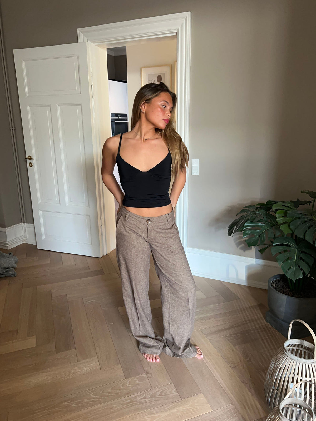 Elsie Herringbone Pantolon Takımı - Kahverengi-Bej