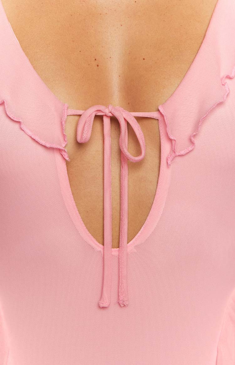 Pembe File Uzun Kollu Mini Elbise