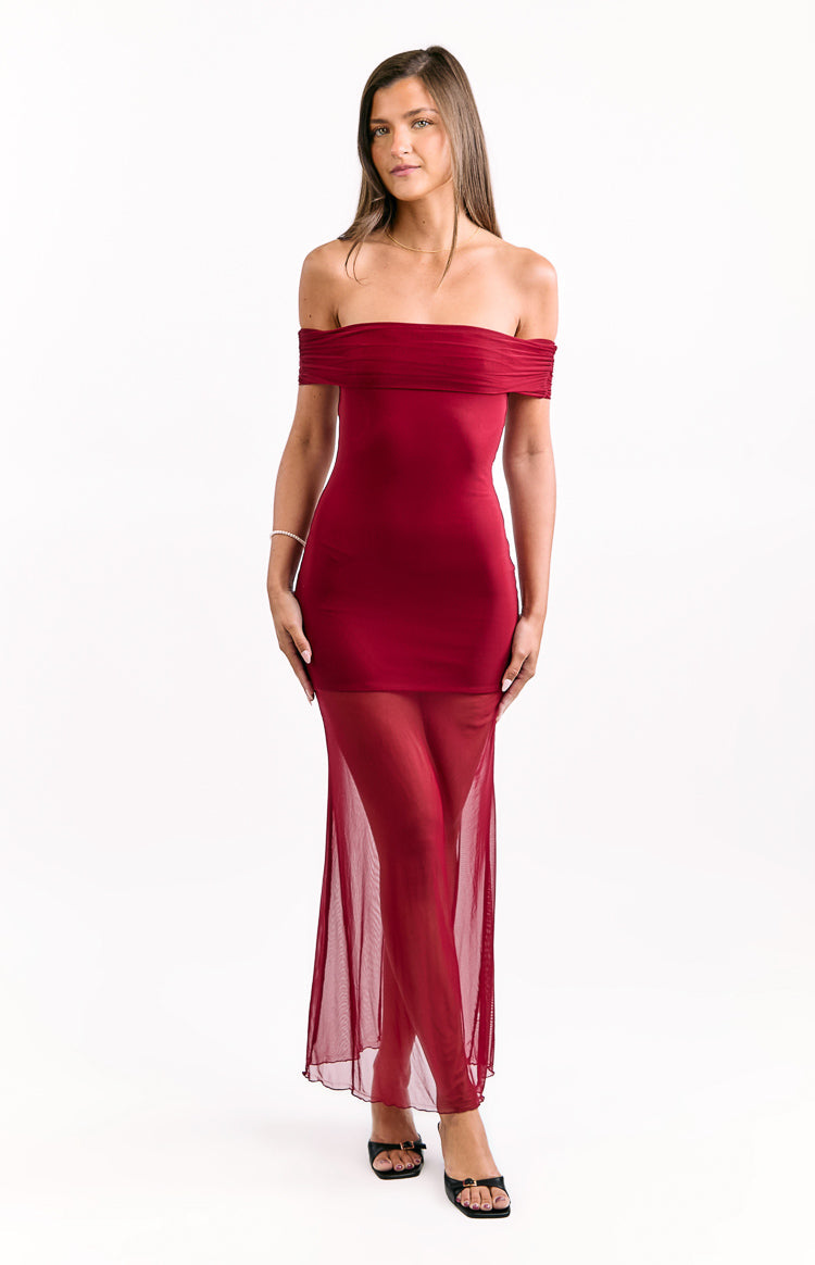 Tabitha Şarap Renk Off-Shoulder Dantel Maxi Elbise