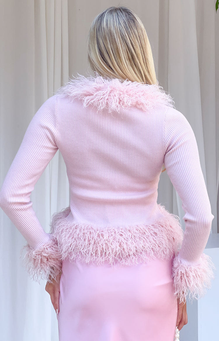 Violetta Pembe Kürk Detaylı Triko Hırka
