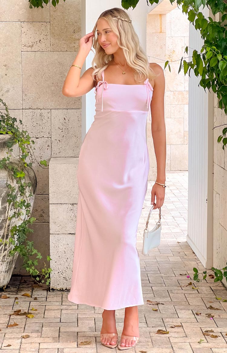Zya Açık Pembe Saten Uzun Elbise
