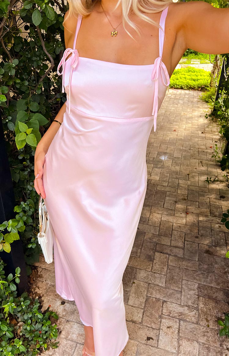 Zya Açık Pembe Saten Uzun Elbise