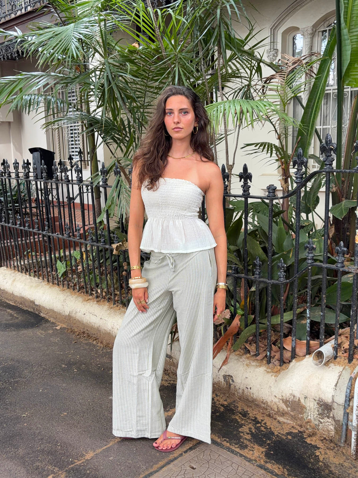 Yeşil/Beyaz Jasmin Çizgili Pantolon