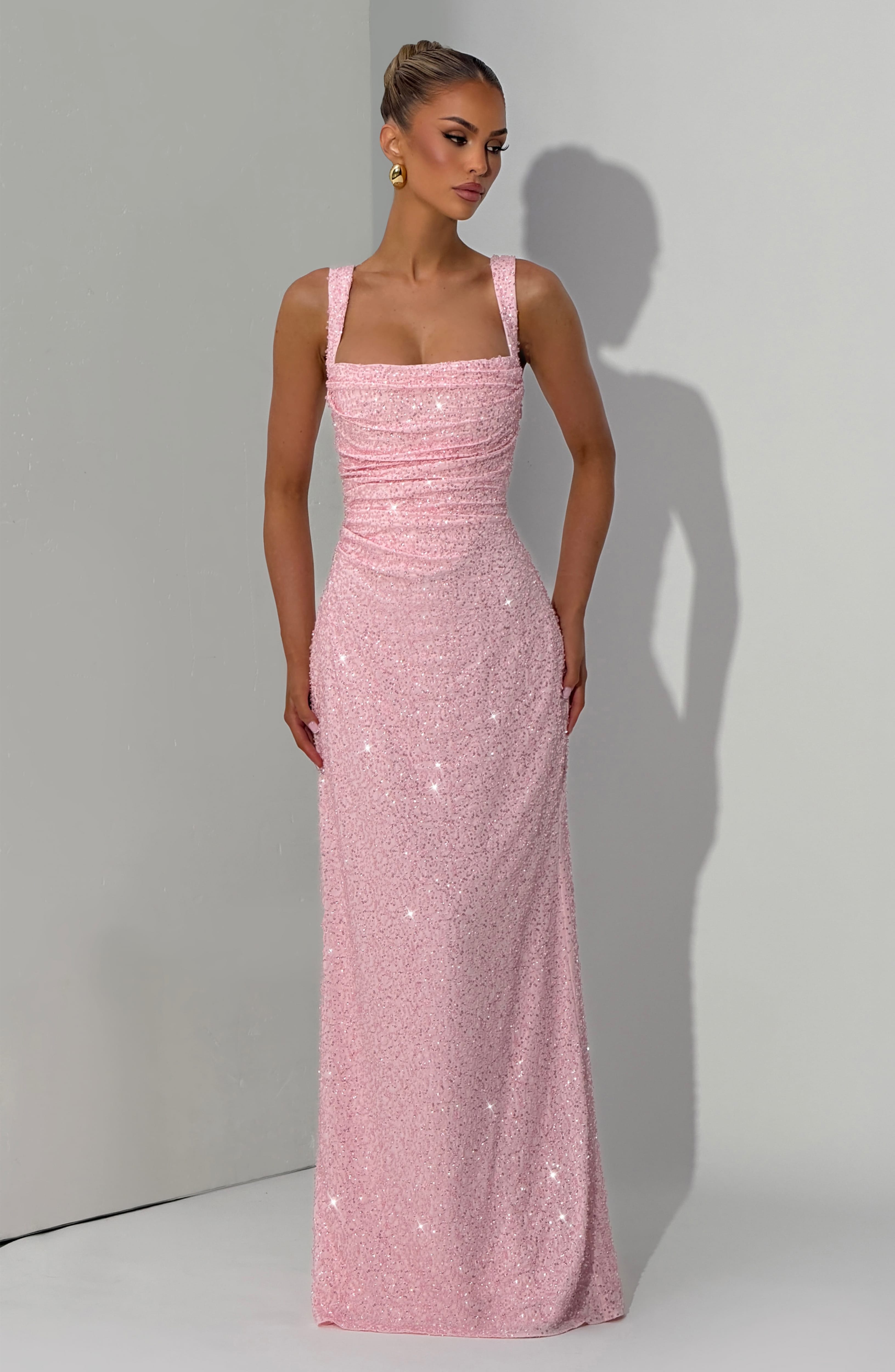 Calanthe Pembe Işıltılı Maxi Elbise