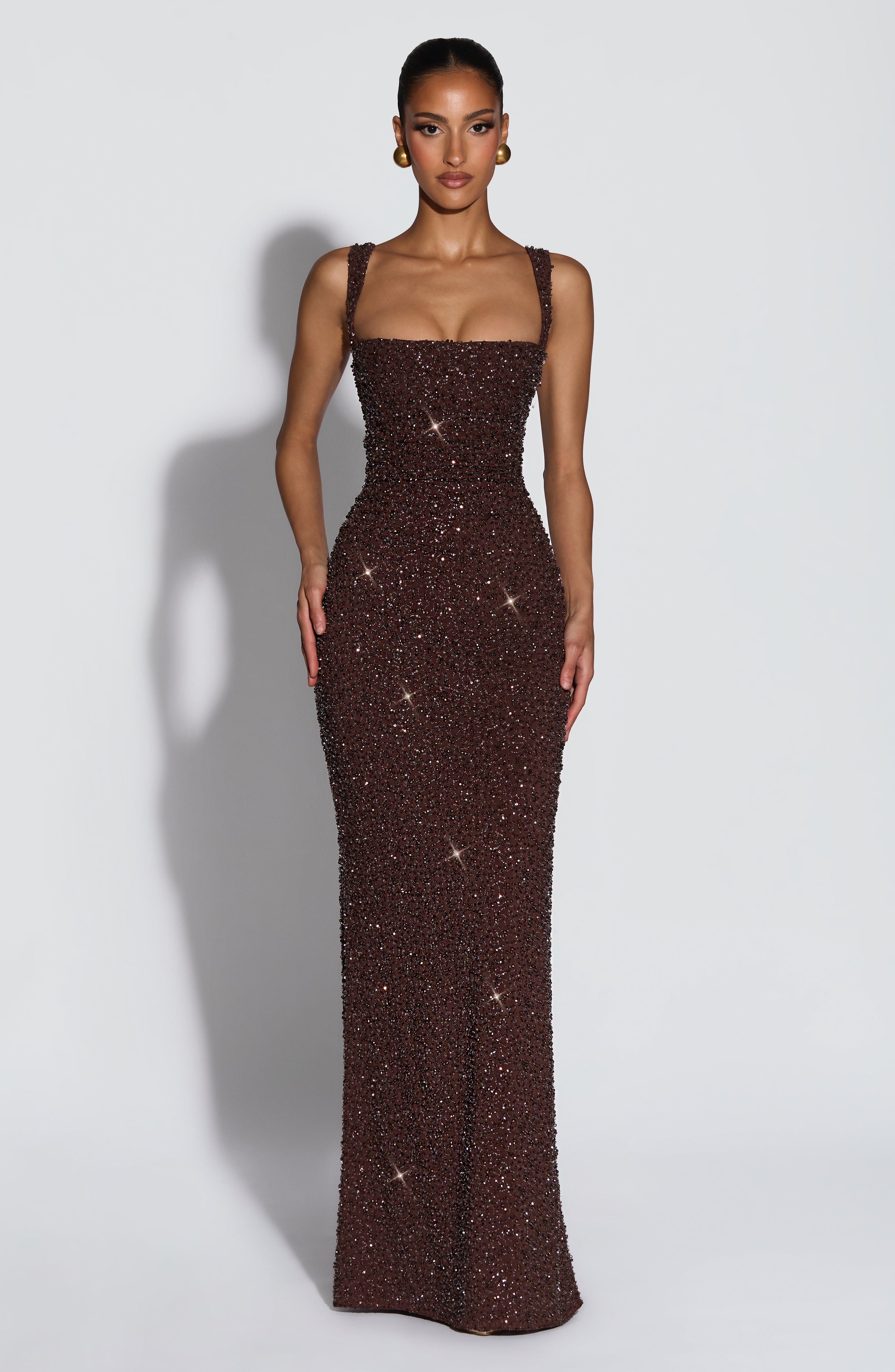 Calanthe Maxi Elbise – Işıltılı Mürdüm Kahve