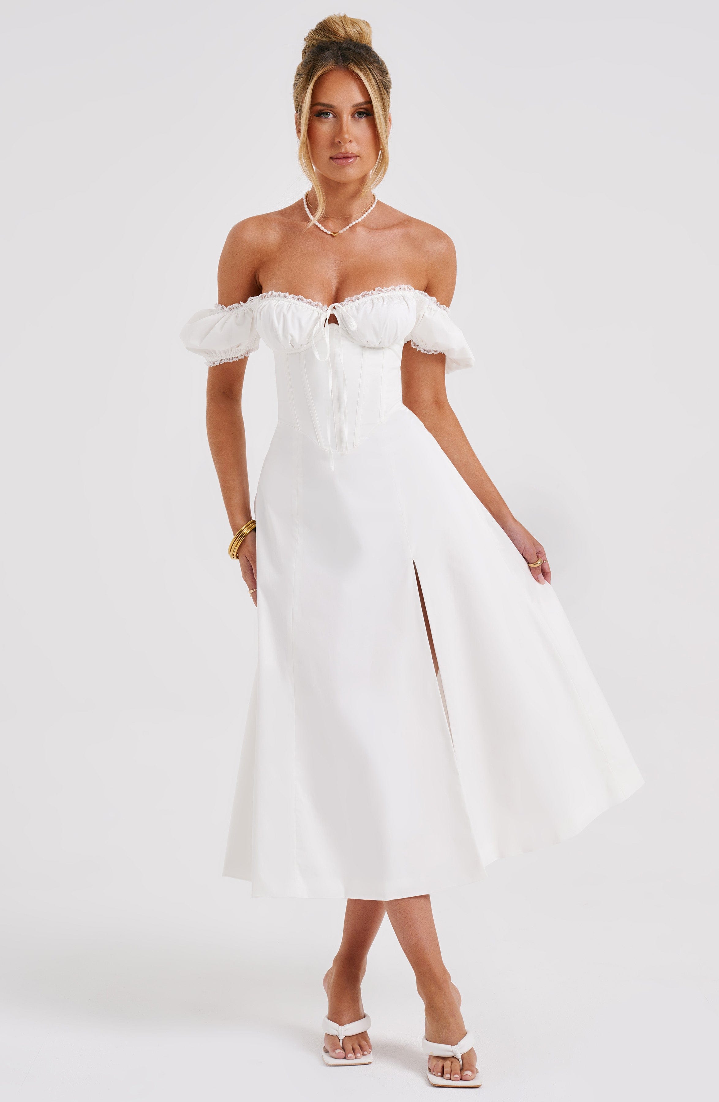 Ekru Courtney Midi Elbise