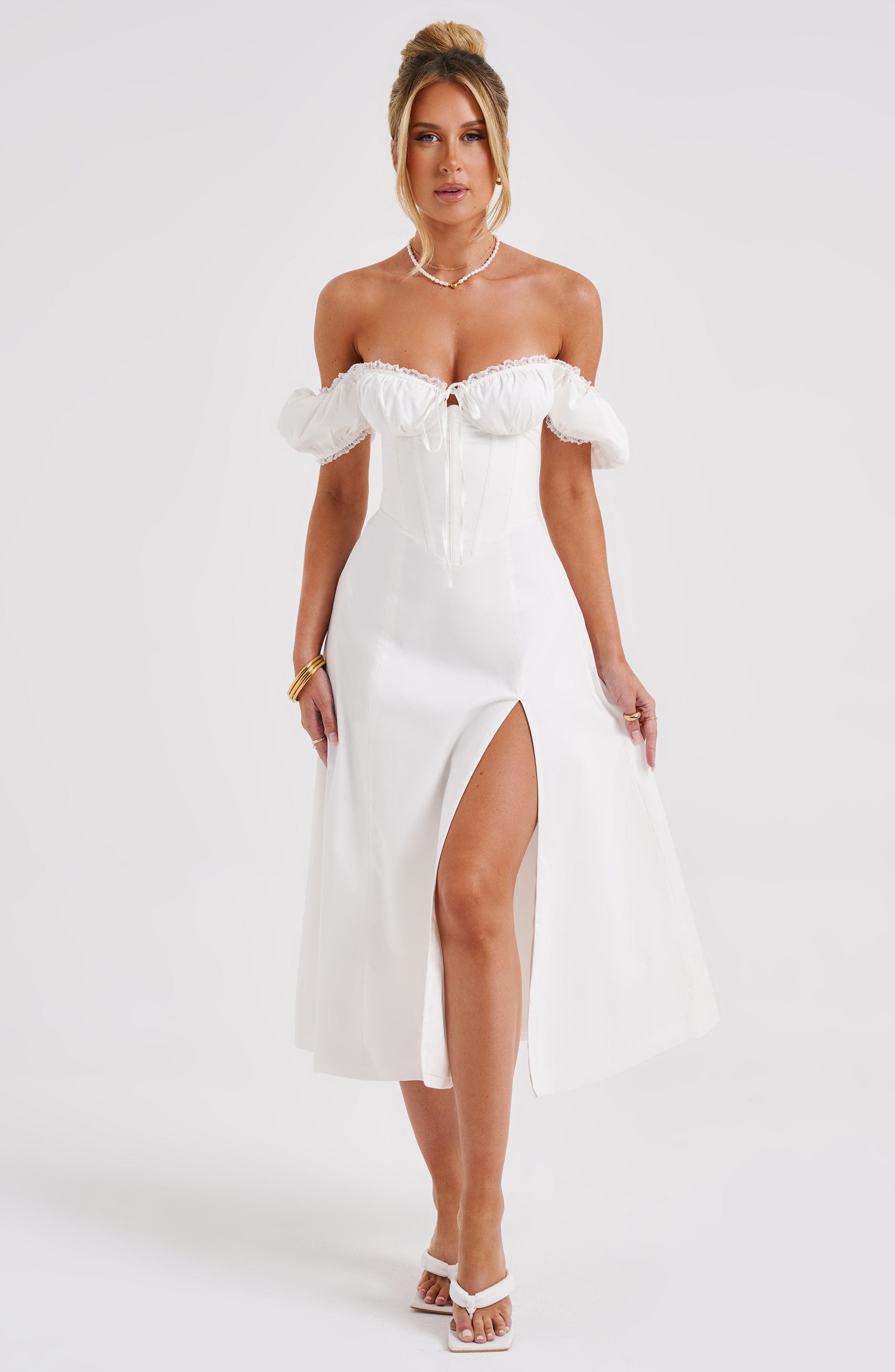 Ekru Courtney Midi Elbise