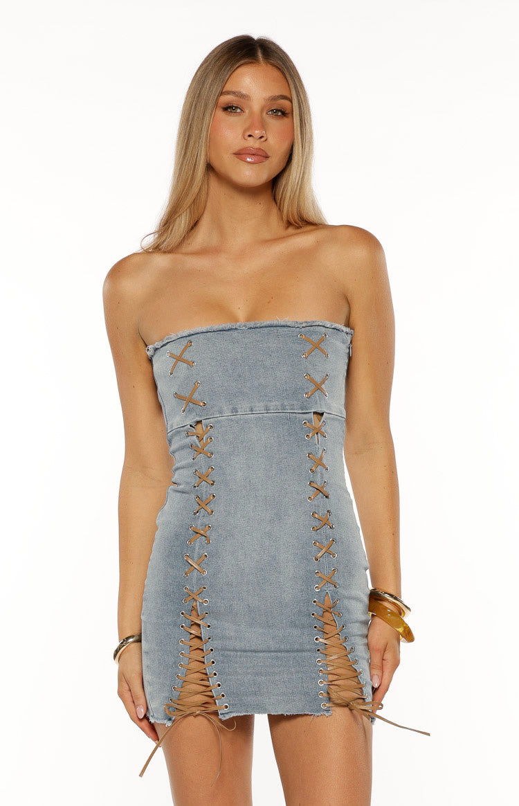 Danica Açık Yıkama Denim Straplez Mini Elbise - Şık Korse Detay