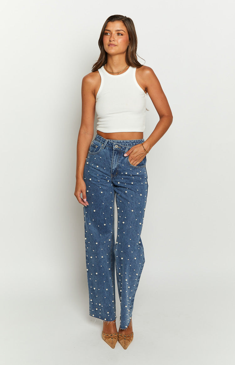 Denim Parıltı İnci Orta Yıkama Yüksek Bel Jean