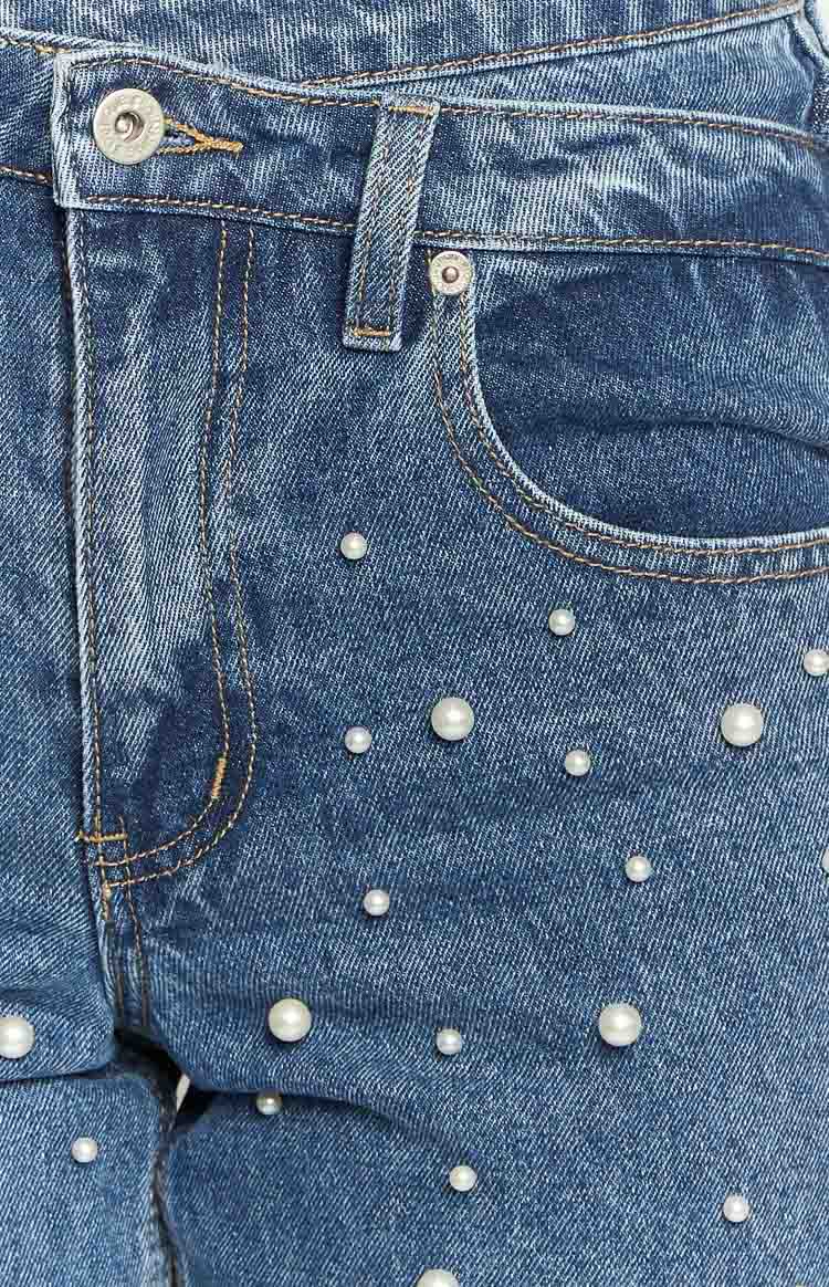Denim Parıltı İnci Orta Yıkama Yüksek Bel Jean