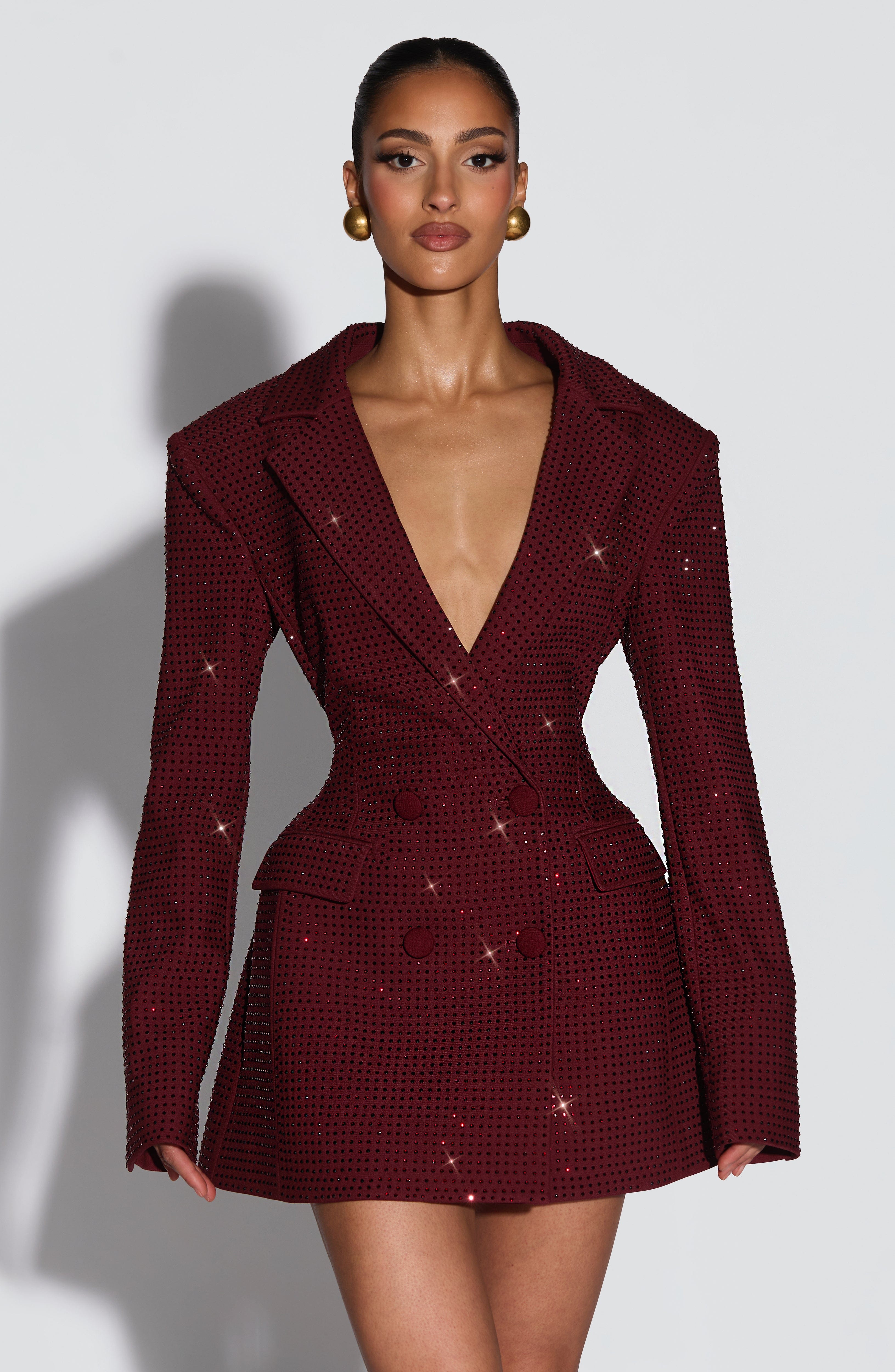 Bordo Işıltılı Elvira Mini Elbise