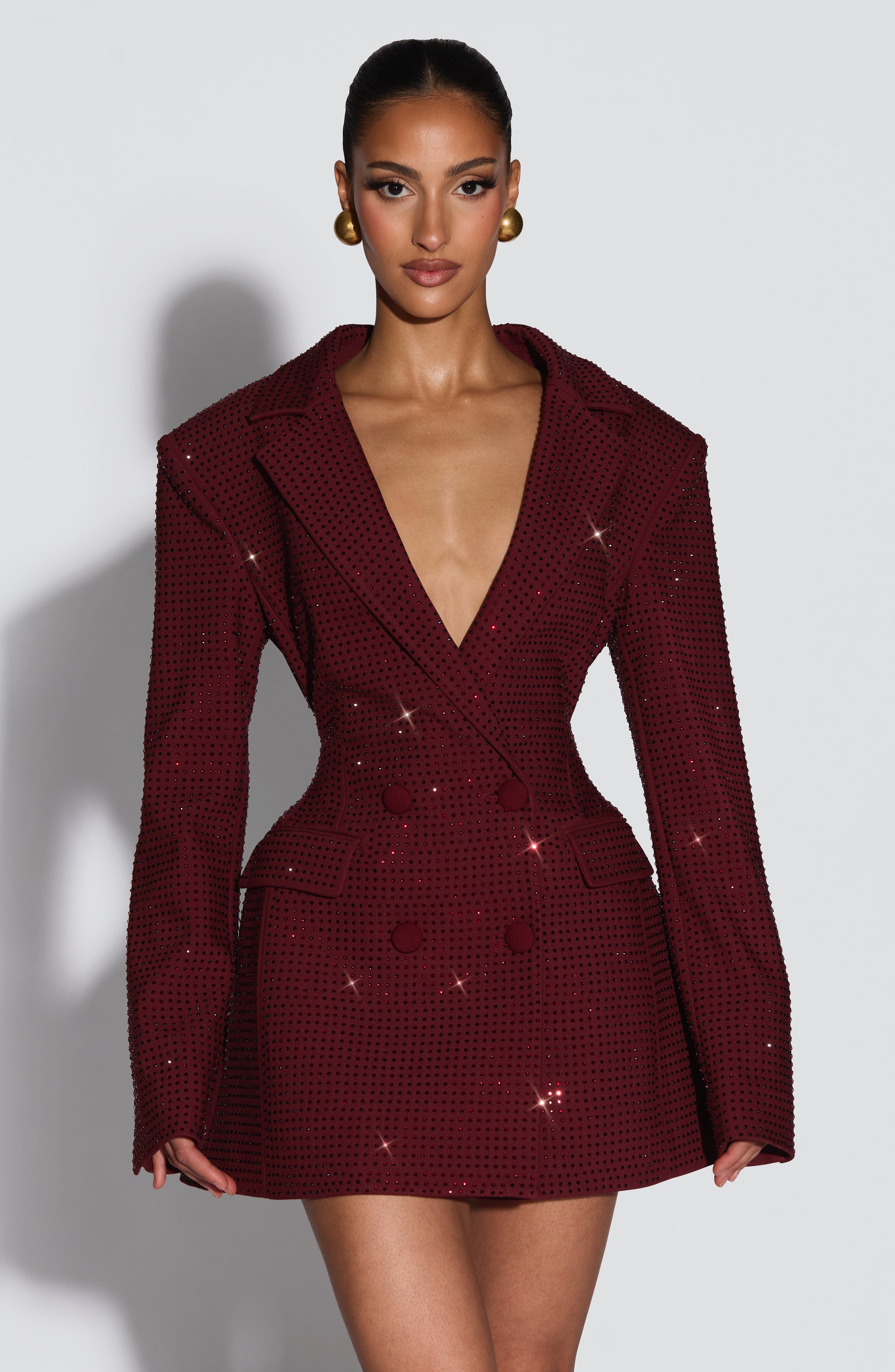 Bordo Işıltılı Elvira Mini Elbise