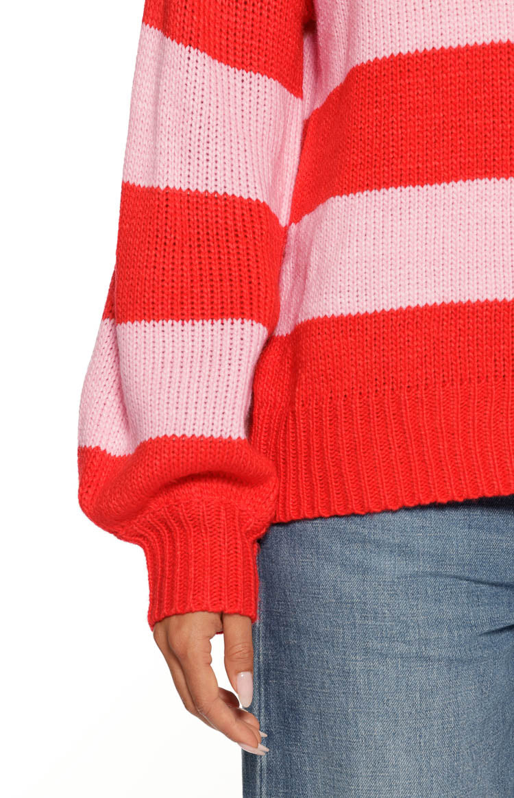 Finley Kırmızı-Pembe Çizgili Off Shoulder Triko Kazak