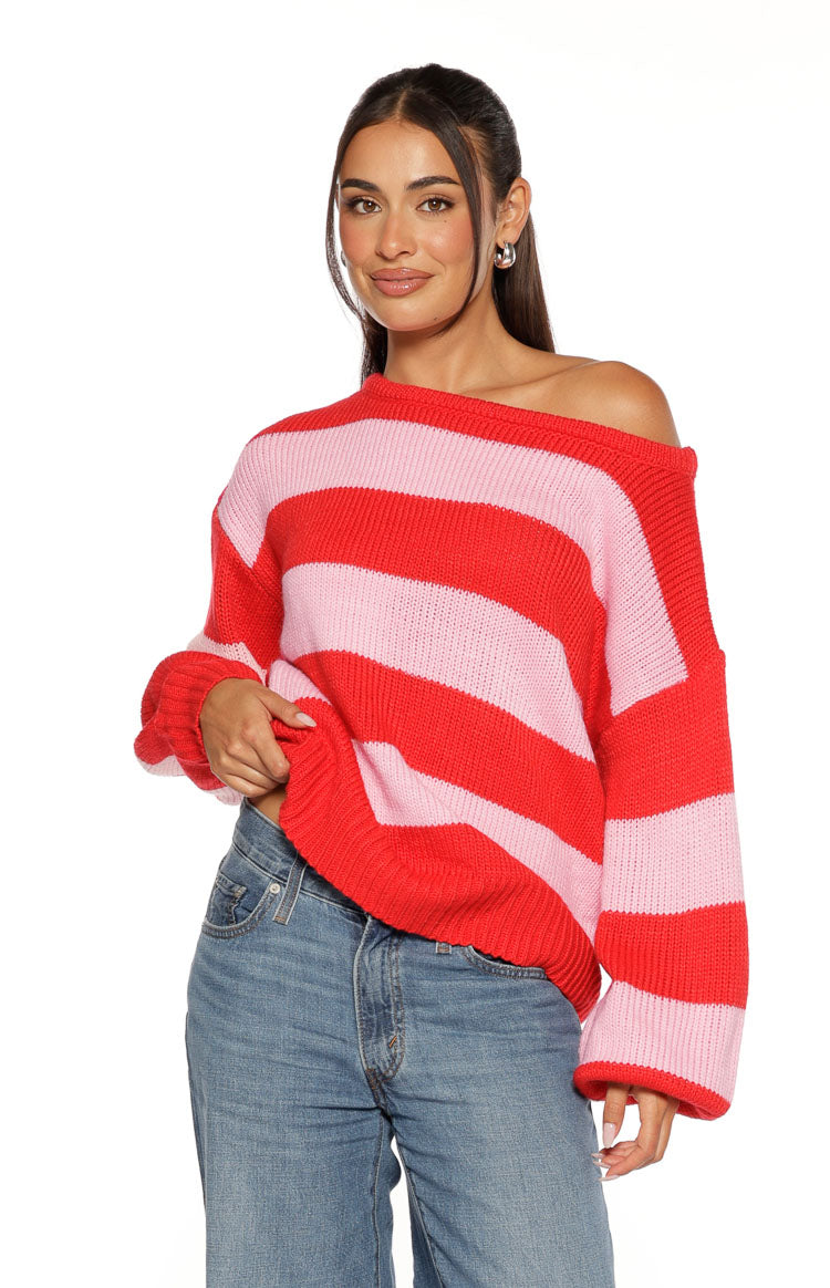 Finley Kırmızı ve Pembe Çizgili Off Shoulder Triko Kazak