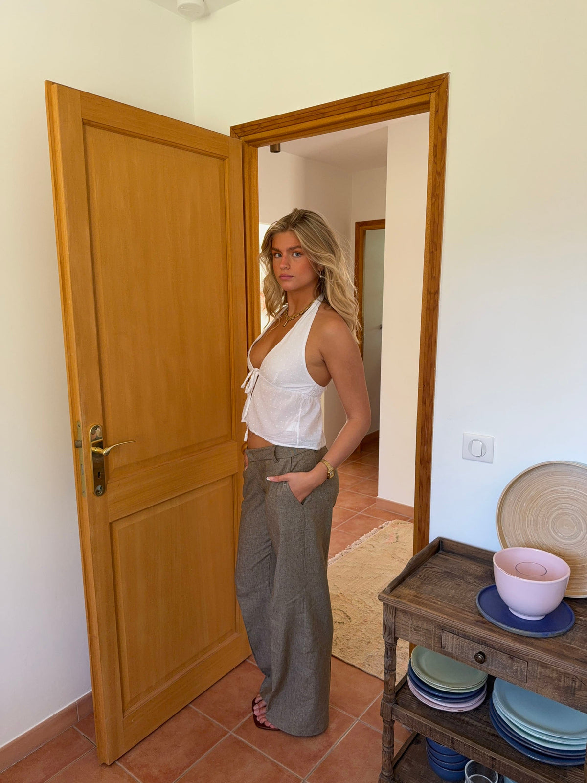 Fernande Beyaz Halter Yaka Bluz