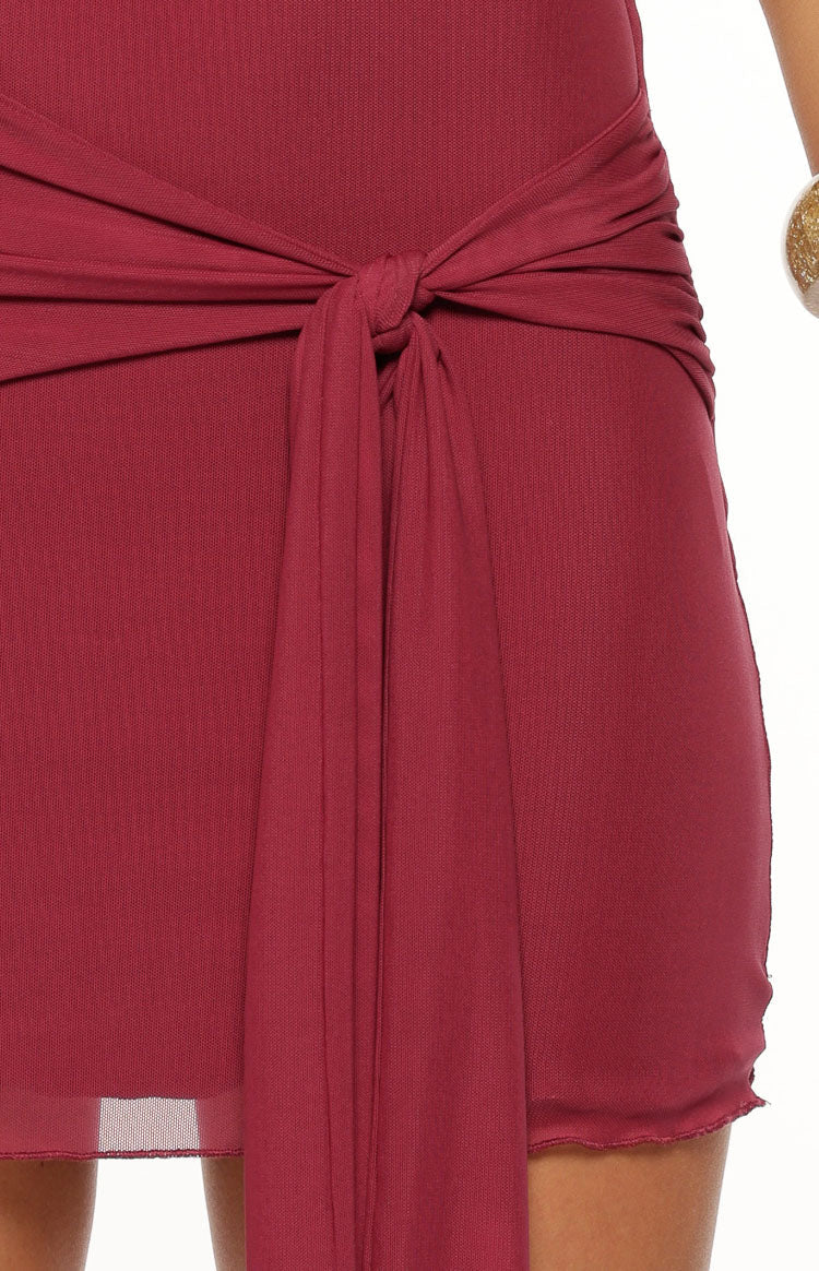 Yırtmaçlı Bordo Off-Shoulder Mini Elbise