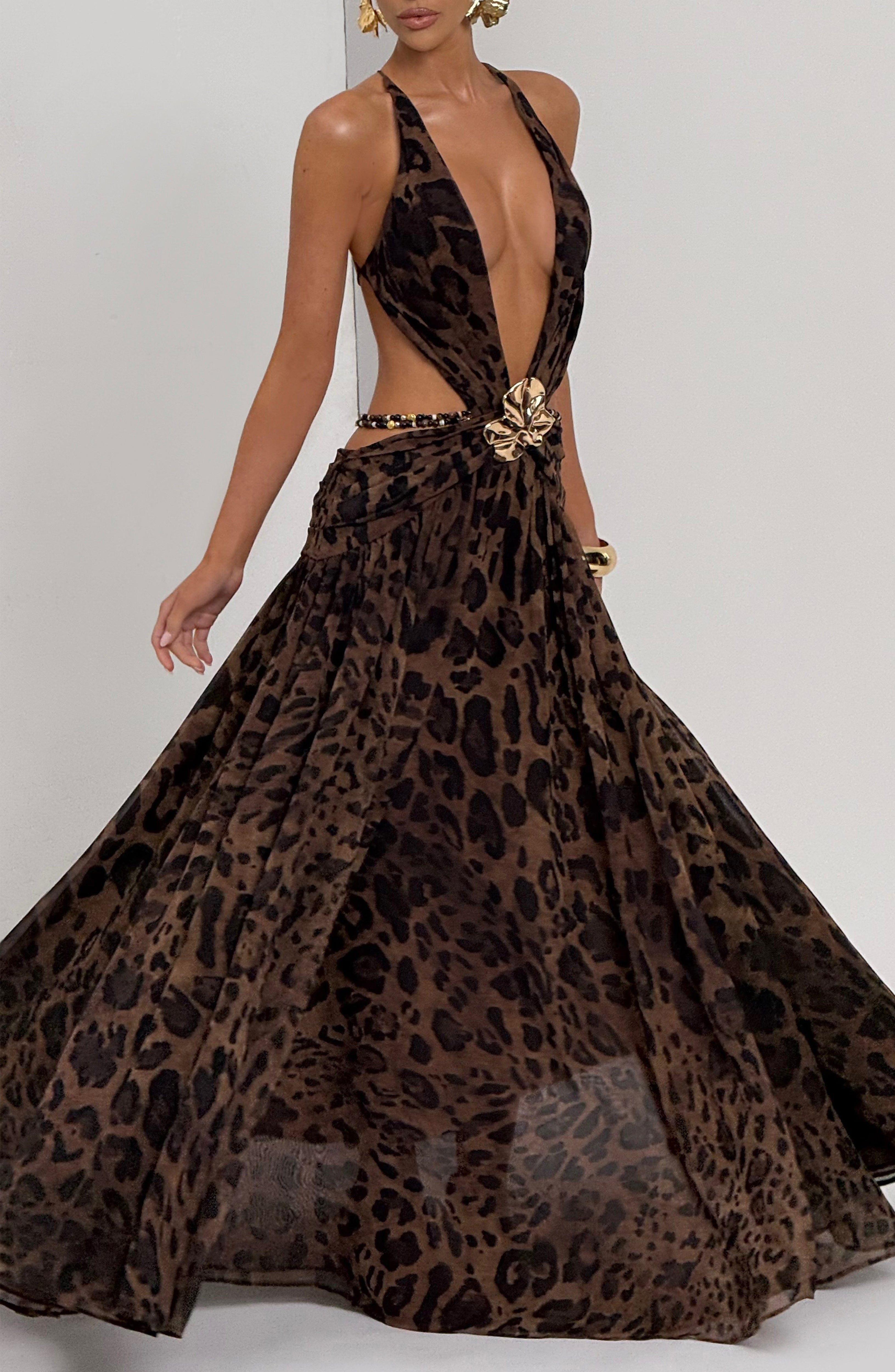 Leopar Desenli Indianna Maxi Elbise