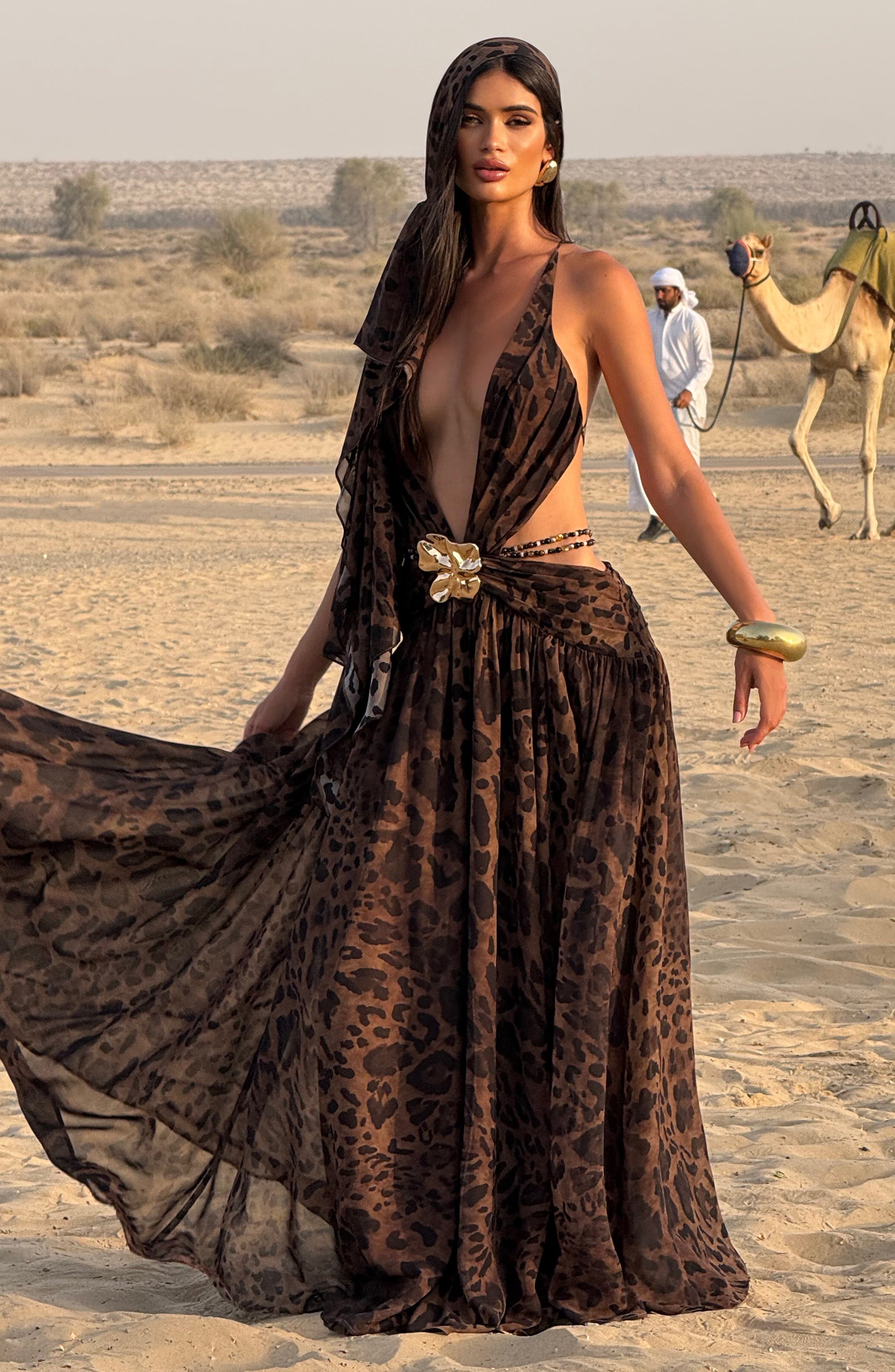 Leopar Desenli Indianna Maxi Elbise