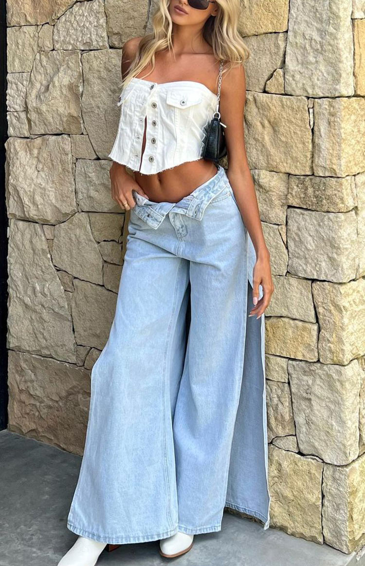 Marelle Açık Mavi Denim Geniş Paça Yandan Yırtmaçlı Kot Pantolon