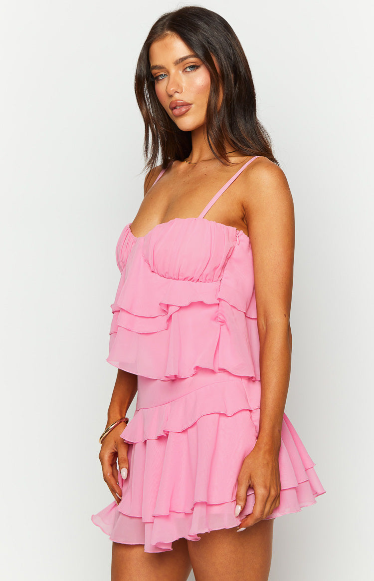 Kamala Pembe Volanlı Mini Elbise