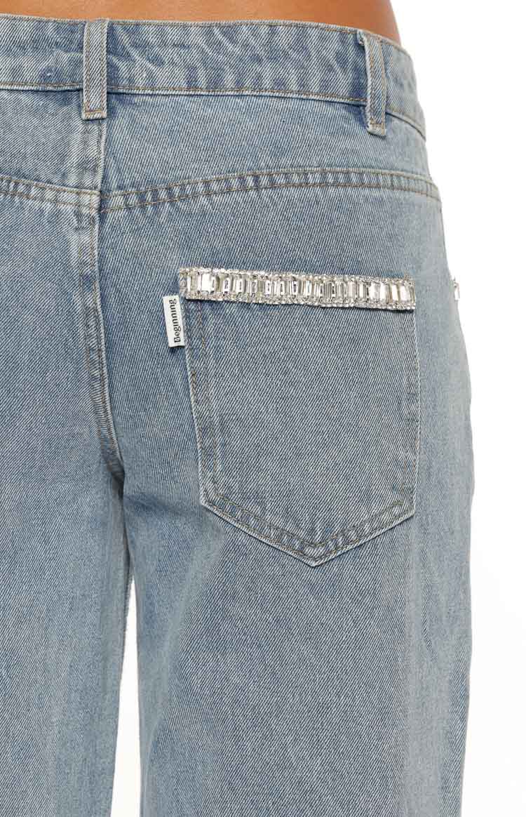 Kavira Açık Yıkama Denim Diamante Süslemeli Düşük Bel Jean