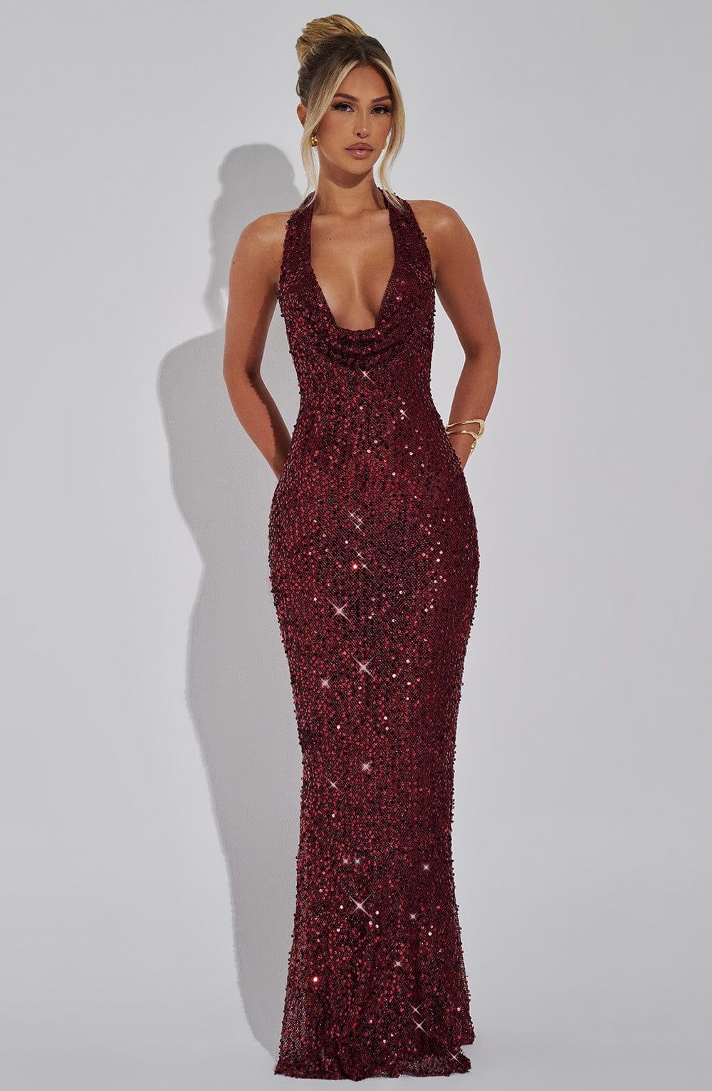 Şarap Rengi Lorena Uzun Elbise