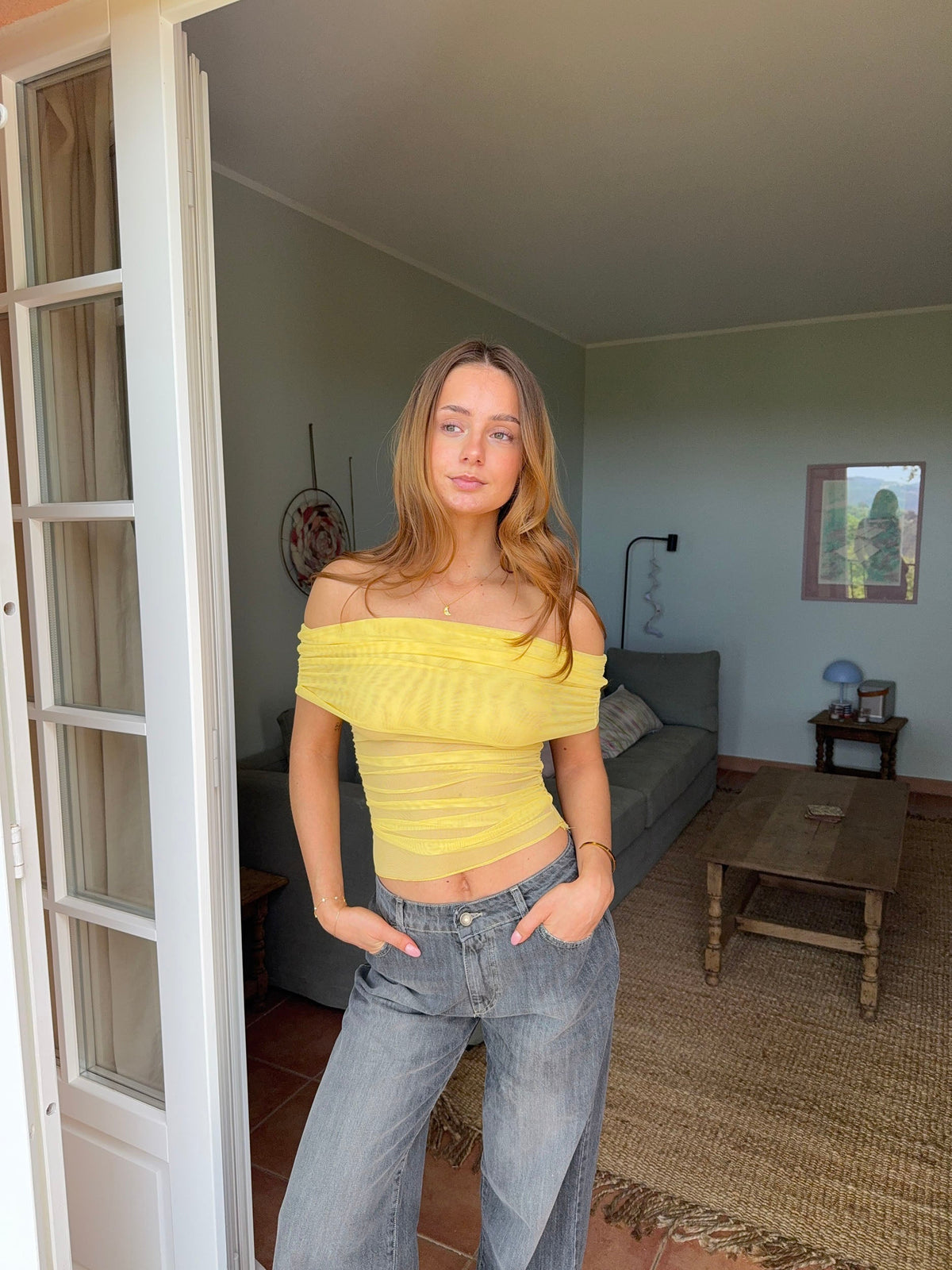 Victoire Düşük Omuzlu File Bluz - Sarı